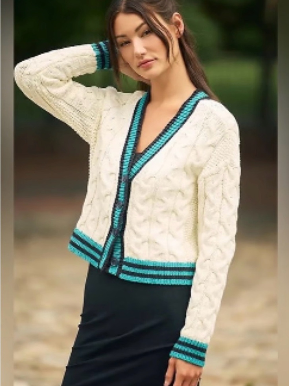 Anthropologie Maeve Varsity Cable-Knit V-Neck Cardigan in Cream
